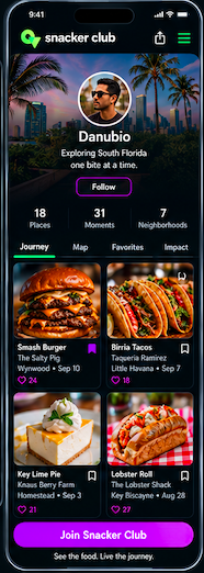 Snacker Club Food Journey profile concept showing food moments and journey stats