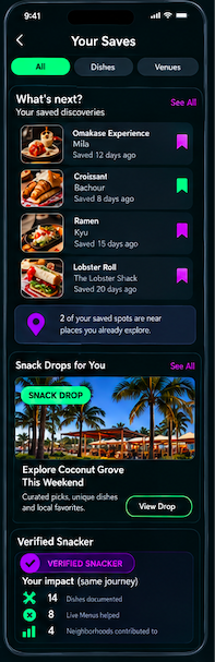 Snacker Club saved discoveries concept with saved dishes and venues